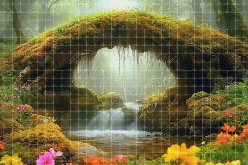 Mossy Forest Bridge Waterfall digital backdrop for Woodland Event Decor Fantasy Photo Booth and Theatre Scenery, perfect as a photo booth background, event decor backdrop, local print backdrop, projection screen, or stage background.