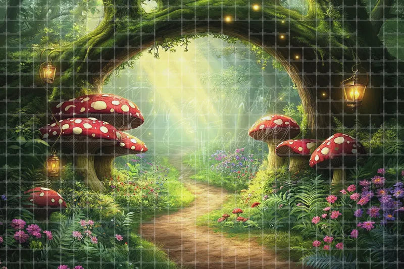 Mushroom Forest Path digital backdrop and photo booth background for Fairy Tale Photo Booth Garden Party Decor and Children Stage Scene, ideal for event decor, local printing, projector screens, LED displays, and themed stage backgrounds.