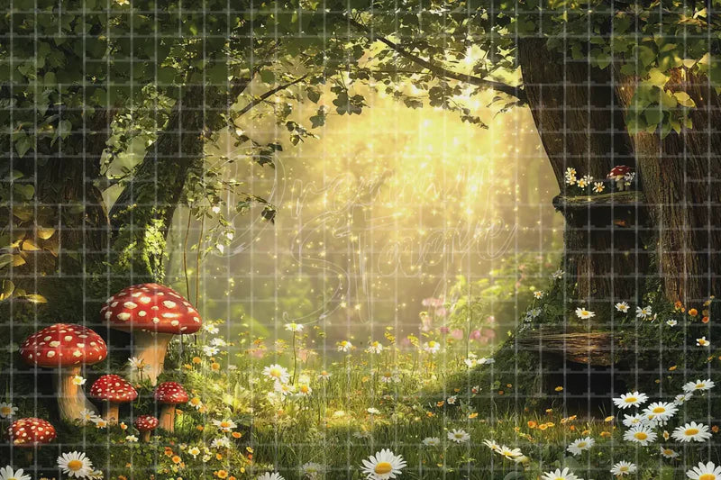 Magic Mushroom Woodland digital backdrop for Enchanted Forest Photo Booth Event Decor and Fantasy Theatre Stage, perfect as a photo booth background, event decor backdrop, local print backdrop, projection screen, or stage background.