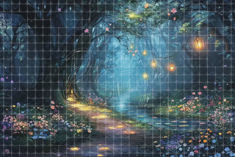 Blue Firefly Forest Path digital backdrop and photo booth background for Magical Night Photo Booth Event Decor and Dance Stage Background, ideal for event decor, local printing, projector screens, LED displays, and themed stage backgrounds.