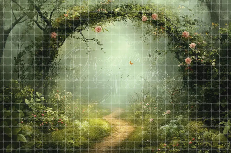 Misty Green Garden Tunnel digital backdrop and photo booth background for Romantic Photo Booth Wedding Event Decor and Fairy Tale Stage, ideal for event decor, local printing, projector screens, LED displays, and themed stage backgrounds.