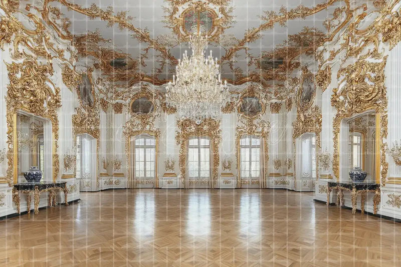 White Gold Baroque Ballroom digital backdrop for Wedding Event Photo Booth Luxury Party and Theatre Stage Scene, perfect as a photo booth background, event decor backdrop, local print backdrop, projection screen, or stage background.