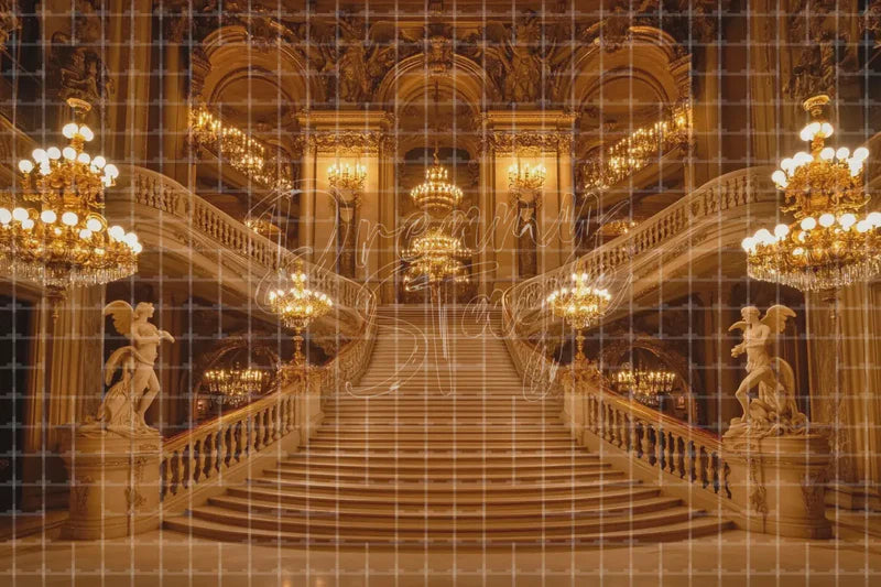 Golden Palace Grand Staircase digital backdrop for Royal Event Decor Photo Booth and Luxury Theatre Stage Background, perfect as a photo booth background, event decor backdrop, local print backdrop, projection screen, or stage background.