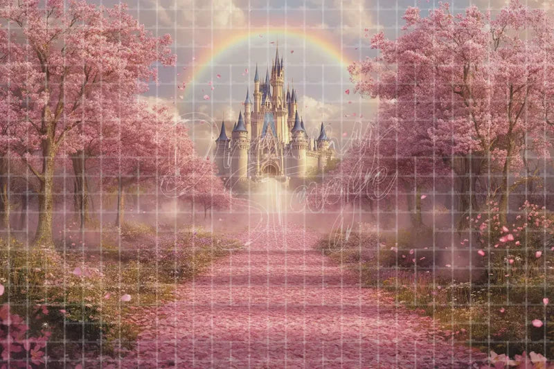 Cherry Blossom Castle Path digital backdrop for Princess Photo Booth Fairy Tale Event Decor and Dance Stage Scene, perfect as a photo booth background, event decor backdrop, local print backdrop, projection screen, or stage background.