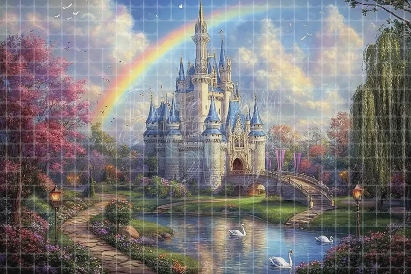 Rainbow Castle Garden digital backdrop and photo booth background for Fairy Tale Party Photo Booth Princess Event and Stage Projection, ideal for event decor, local printing, projector screens, LED displays, and themed stage backgrounds.