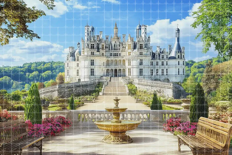 French Chateau Garden digital backdrop and photo booth background for Royal Wedding Photo Booth Outdoor Event Decor and Theatre Scenery, ideal for event decor, local printing, projector screens, LED displays, and themed stage backgrounds.