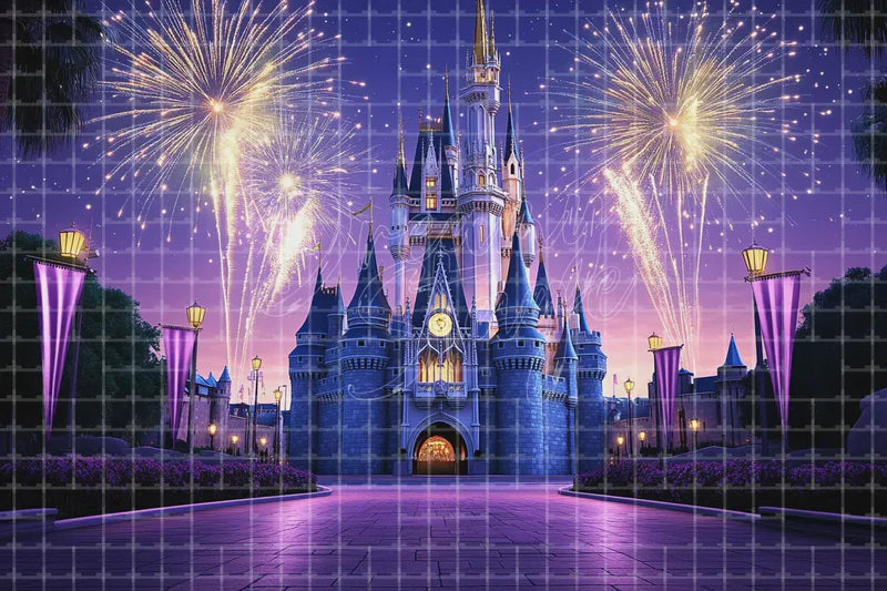 Night Castle Fireworks digital backdrop and photo booth background for Princess Party Photo Booth Celebration Event and Stage Background, ideal for event decor, local printing, projector screens, LED displays, and themed stage backgrounds.