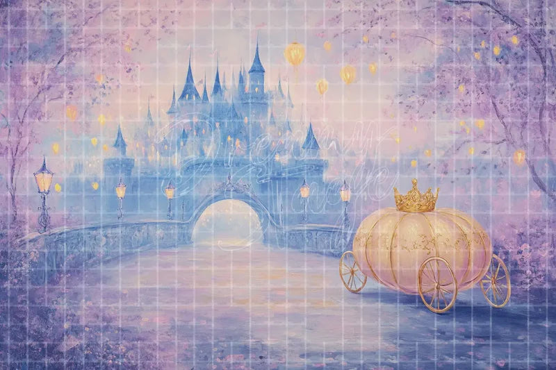Pastel Castle Carriage digital backdrop for Cinderella Inspired Photo Booth Princess Event Decor and Dance Recital, perfect as a photo booth background, event decor backdrop, local print backdrop, projection screen, or stage background.