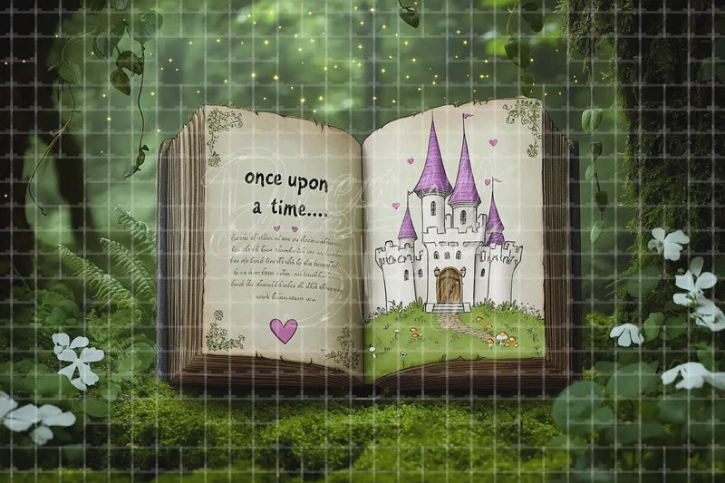 Open Fairy Tale Storybook digital backdrop for Children Photo Booth Reading Event Decor and Magical Stage Scene, perfect as a photo booth background, event decor backdrop, local print backdrop, projection screen, or stage background.