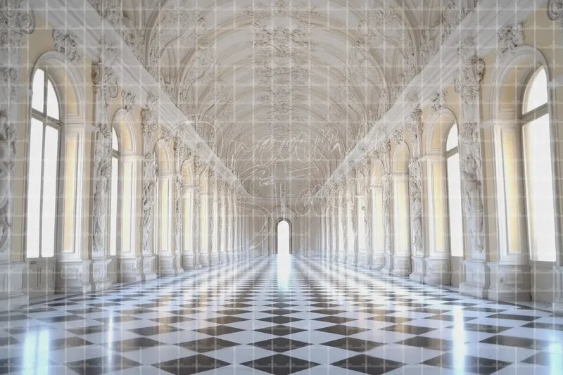 White Palace Corridor digital backdrop for Elegant Wedding Photo Booth Luxury Event Decor and Theatre Stage Interior, perfect as a photo booth background, event decor backdrop, local print backdrop, projection screen, or stage background.