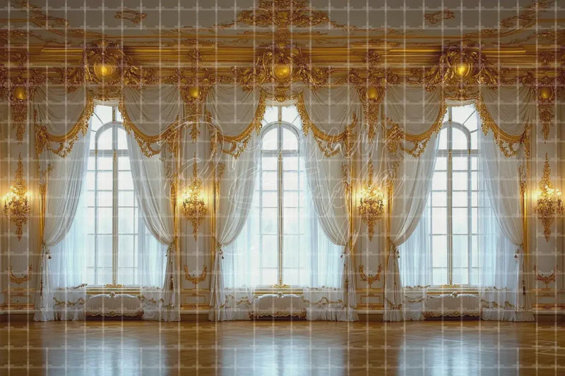 Gold Palace Window digital backdrop and photo booth background for Royal Photo Booth Ballroom Event Decor and Princess Stage Background, ideal for event decor, local printing, projector screens, LED displays, and themed stage backgrounds.