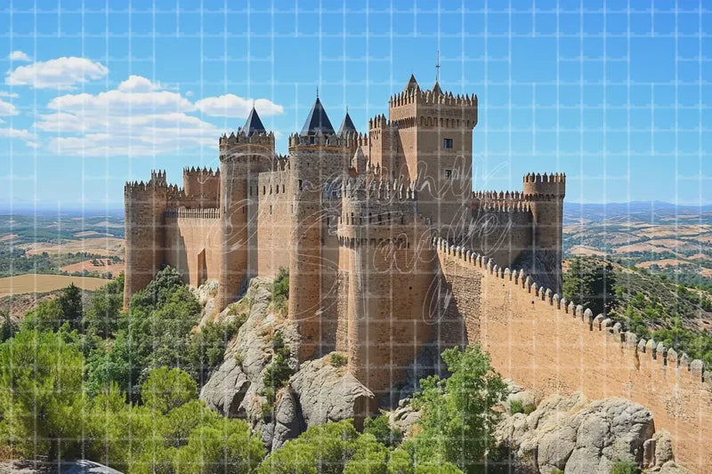 Medieval Castle Hill digital backdrop and photo booth background for Historical Photo Booth Fantasy Event Decor and Theatre Stage Scenery, ideal for event decor, local printing, projector screens, LED displays, and themed stage backgrounds.