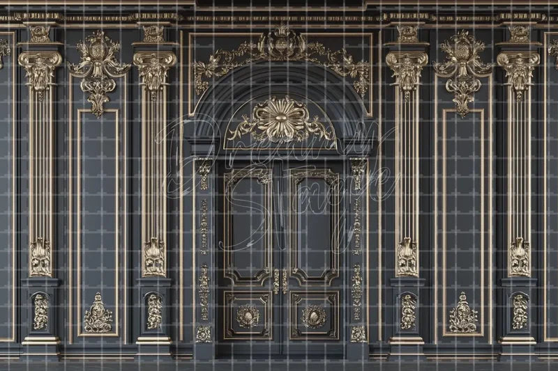 Black Gold Ornate Door digital backdrop and photo booth background for Luxury Event Photo Booth Vintage Theatre and Elegant Stage Decor, ideal for event decor, local printing, projector screens, LED displays, and themed stage backgrounds.