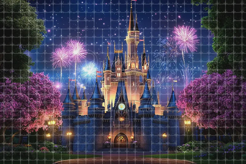 Fireworks Castle Night digital backdrop for Princess Party Photo Booth Celebration Event and Fantasy Stage Scene, perfect as a photo booth background, event decor backdrop, local print backdrop, projection screen, or stage background.