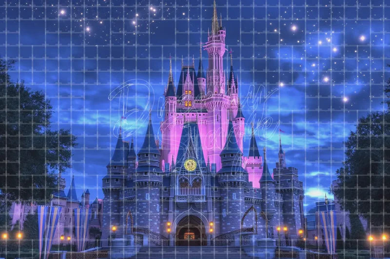 Pink Purple Castle Night digital backdrop and photo booth background for Princess Photo Booth Magical Event Decor and Dance Recital Stage, ideal for event decor, local printing, projector screens, LED displays, and themed stage backgrounds.