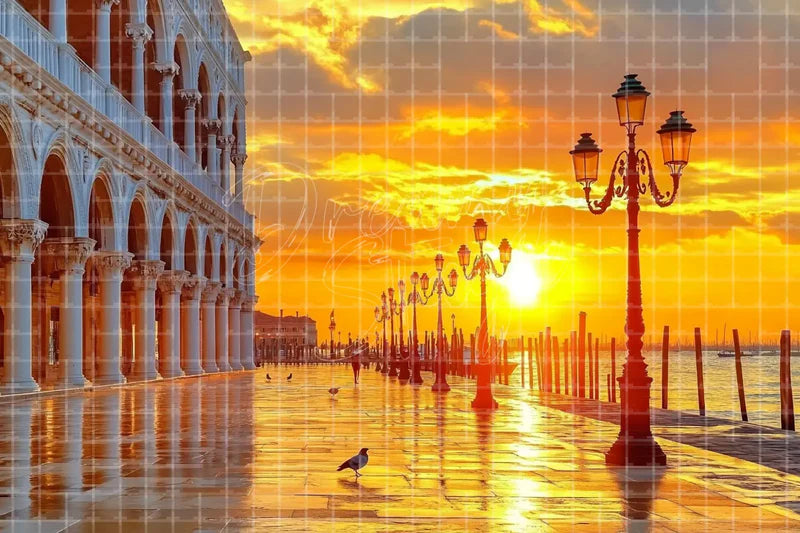 Venice Sunset Canal digital backdrop and photo booth background for Travel Photo Booth Romantic Event Decor and Theatre Stage Background, ideal for event decor, local printing, projector screens, LED displays, and themed stage backgrounds.