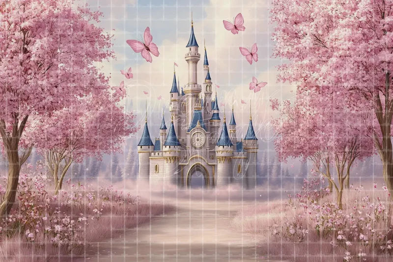 Pink Cherry Blossom Castle Path digital backdrop and photo booth background for Princess Party Photo Booth Spring Event and Stage Scene, ideal for event decor, local printing, projector screens, LED displays, and themed stage backgrounds.