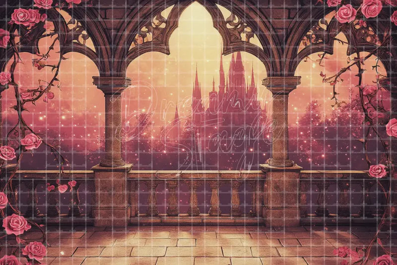 Gothic Balcony Sunset digital backdrop and photo booth background for Romantic Photo Booth Wedding Event Decor and Theatre Stage Scene, ideal for event decor, local printing, projector screens, LED displays, and themed stage backgrounds.