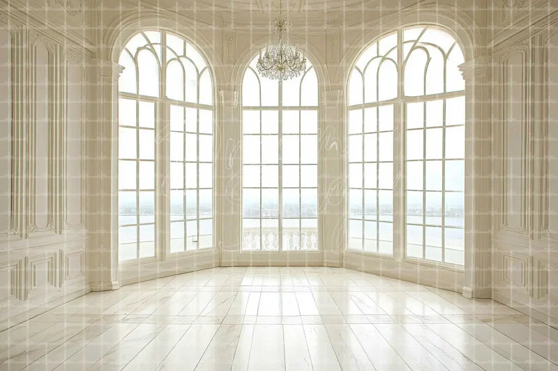 White Arched Window Room digital backdrop for Minimal Wedding Photo Booth Event Decor and Interior Stage Background, perfect as a photo booth background, event decor backdrop, local print backdrop, projection screen, or stage background.