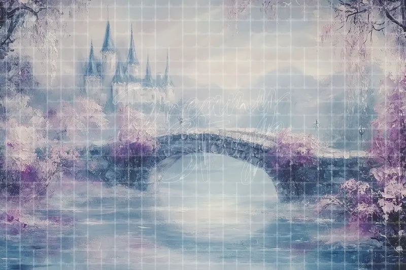 Pastel Misty Bridge digital backdrop and photo booth background for Romantic Garden Photo Booth Fairy Tale Event Decor and Stage Scene, ideal for event decor, local printing, projector screens, LED displays, and themed stage backgrounds.