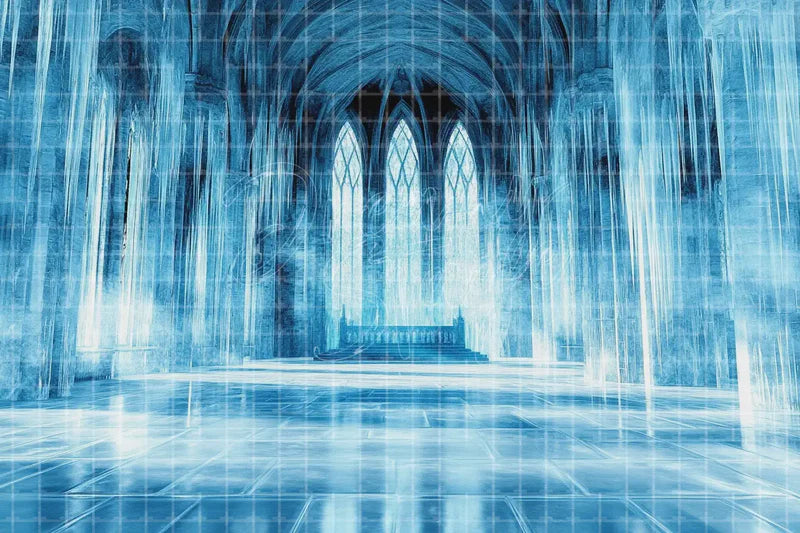 Ice Palace Hall digital backdrop and photo booth background for Frozen Winter Photo Booth Princess Event Decor and Dance Stage Background, ideal for event decor, local printing, projector screens, LED displays, and themed stage backgrounds.