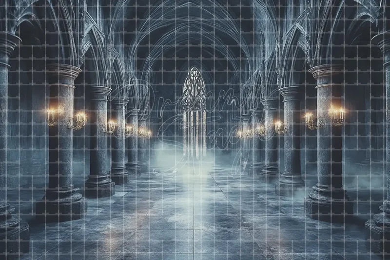 Gothic Stone Corridor digital backdrop and photo booth background for Dark Fantasy Photo Booth Halloween Event and Theatre Stage Scenery, ideal for event decor, local printing, projector screens, LED displays, and themed stage backgrounds.