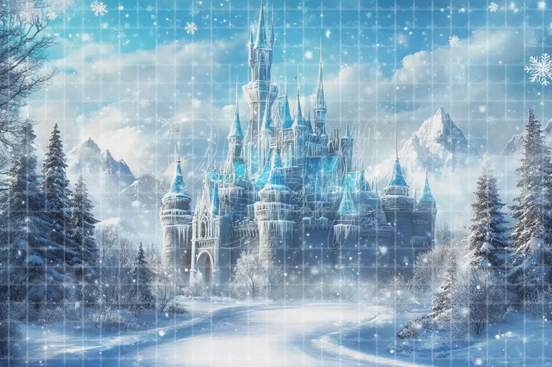 Winter Ice Castle digital backdrop and photo booth background for Snow Princess Photo Booth Holiday Event Decor and Ballet Stage Scene, ideal for event decor, local printing, projector screens, LED displays, and themed stage backgrounds.