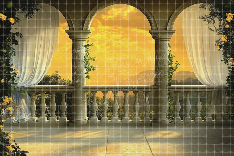Golden Sunset Balcony digital backdrop for Romantic Event Photo Booth Wedding Decor and Theatre Stage Background, perfect as a photo booth background, event decor backdrop, local print backdrop, projection screen, or stage background.
