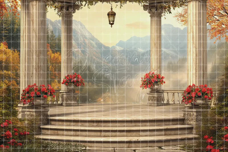 Stone Terrace Mountain View digital backdrop and photo booth background for Elegant Photo Booth Garden Event and Theatre Stage Scene, ideal for event decor, local printing, projector screens, LED displays, and themed stage backgrounds.