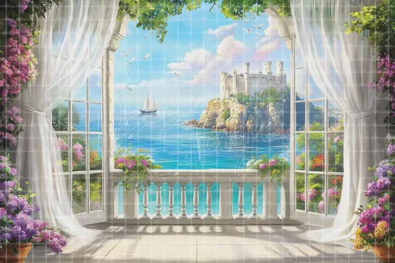 Seaside Balcony Curtain digital backdrop for Summer Wedding Photo Booth Event Decor and Travel Stage Background, perfect as a photo booth background, event decor backdrop, local print backdrop, projection screen, or stage background.