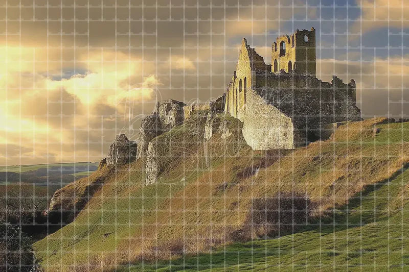 Ruined Castle Hill digital backdrop and photo booth background for Medieval Photo Booth Historical Event Decor and Theatre Stage Scenery, ideal for event decor, local printing, projector screens, LED displays, and themed stage backgrounds.