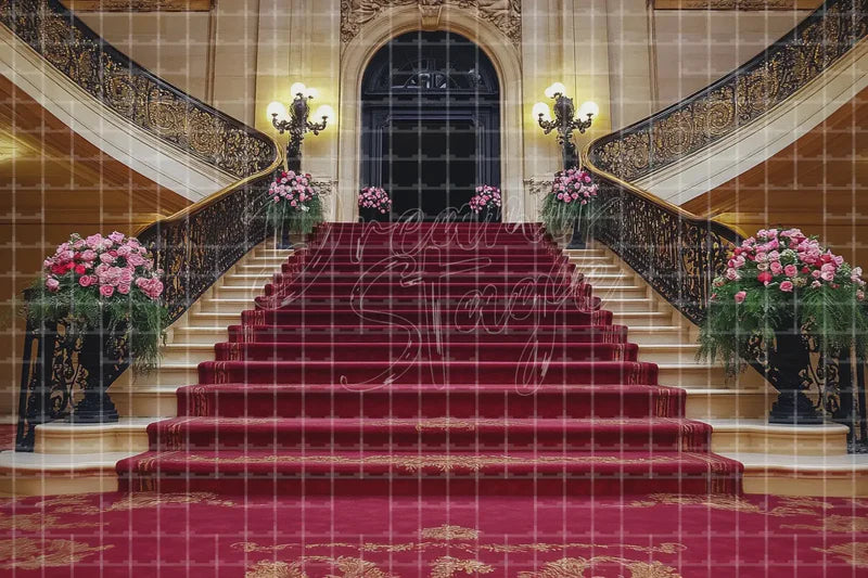 Red Carpet Palace Staircase digital backdrop and photo booth background for Gala Event Photo Booth Royal Party and Theatre Stage Entrance, ideal for event decor, local printing, projector screens, LED displays, and themed stage backgrounds.