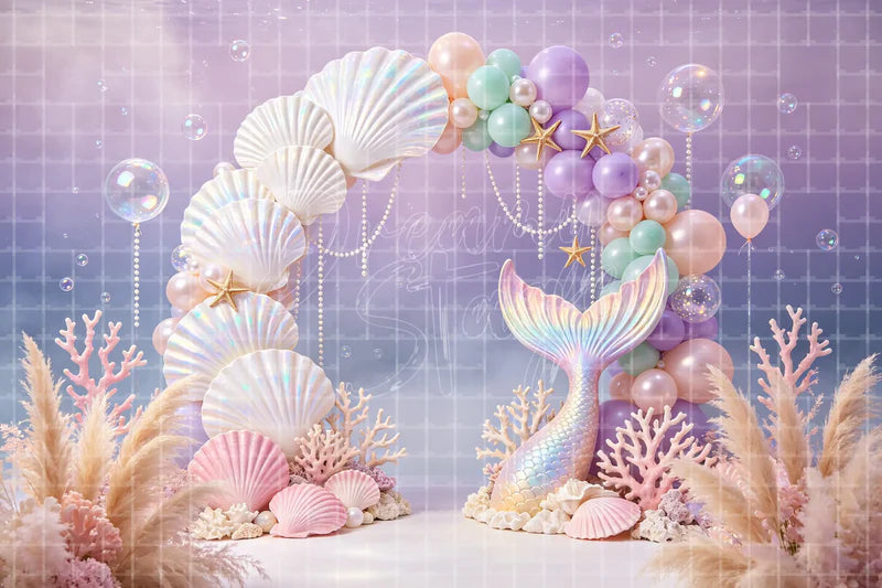 Seashell Mermaid Arch digital backdrop and photo booth background for Under the Sea Photo Booth Birthday Party and Dance Recital Stage, ideal for event decor, local printing, projector screens, LED displays, and themed stage backgrounds.