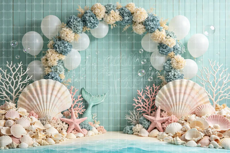 Seashell Balloon Beach digital backdrop and photo booth background for Mermaid Party Photo Booth Ocean Event Decor and Stage Background, ideal for event decor, local printing, projector screens, LED displays, and themed stage backgrounds.