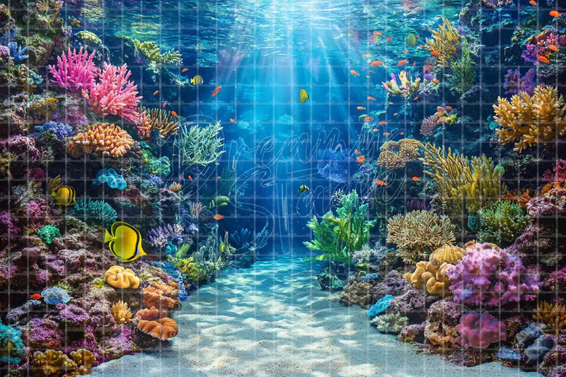 Underwater Coral Reef Path digital backdrop and photo booth background for Mermaid Photo Booth Ocean Event Decor and Theatre Stage Scene, ideal for event decor, local printing, projector screens, LED displays, and themed stage backgrounds.
