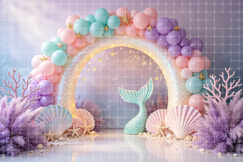 Pastel Mermaid Shell Arch digital backdrop for Undersea Birthday Photo Booth Party Decor and Dance Stage Background, perfect as a photo booth background, event decor backdrop, local print backdrop, projection screen, or stage background.