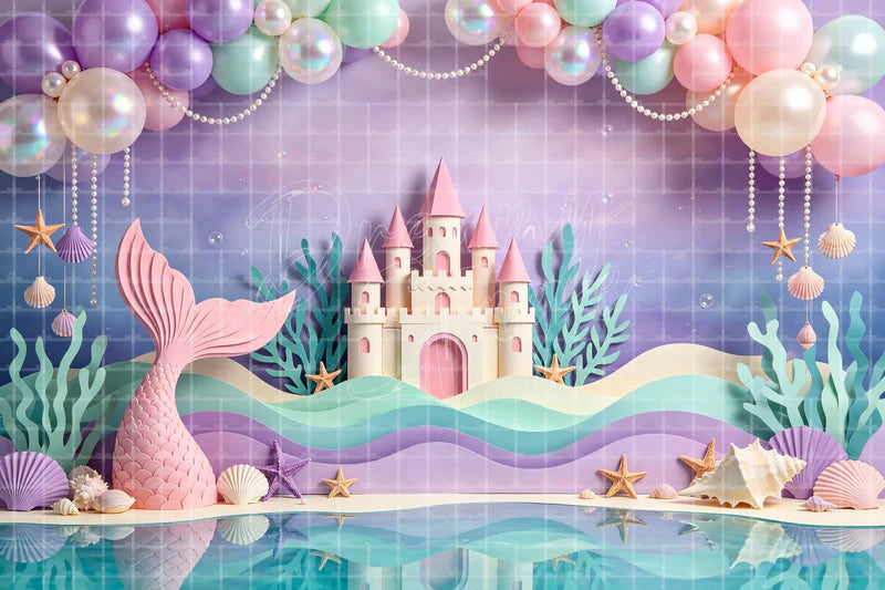 Mermaid Castle Balloon Arch digital backdrop and photo booth background for Under the Sea Photo Booth Kids Party and Stage Performance, ideal for event decor, local printing, projector screens, LED displays, and themed stage backgrounds.