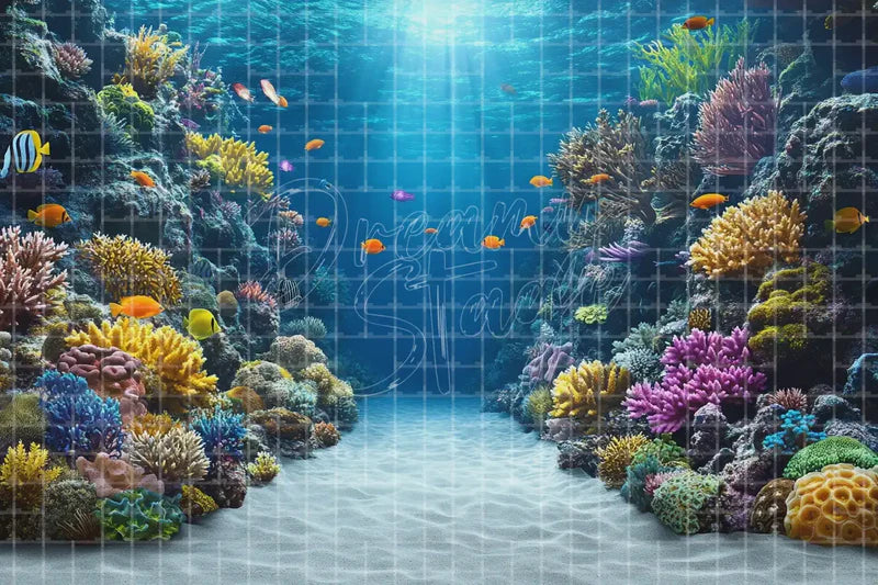 Colorful Coral Reef digital backdrop for Ocean Photo Booth Tropical Event Decor and Underwater Stage Background, perfect as a photo booth background, event decor backdrop, local print backdrop, projection screen, or stage background.