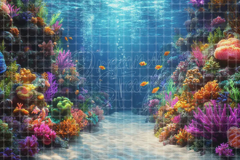 Colorful Coral Reef Fish digital backdrop and photo booth background for Undersea Photo Booth Event Decor and Theatre Stage Background, ideal for event decor, local printing, projector screens, LED displays, and themed stage backgrounds.