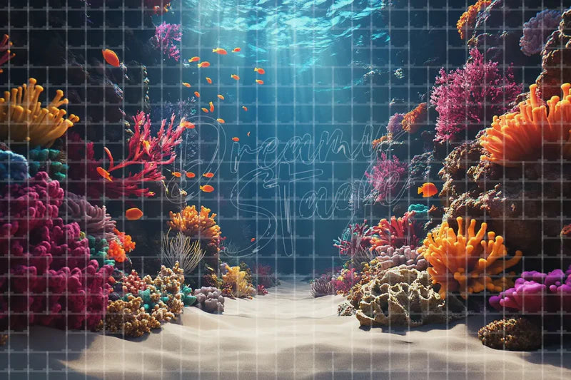 Deep Coral Reef Fish digital backdrop and photo booth background for Ocean Photo Booth Mermaid Party Decor and Stage Screen Background, ideal for event decor, local printing, projector screens, LED displays, and themed stage backgrounds.