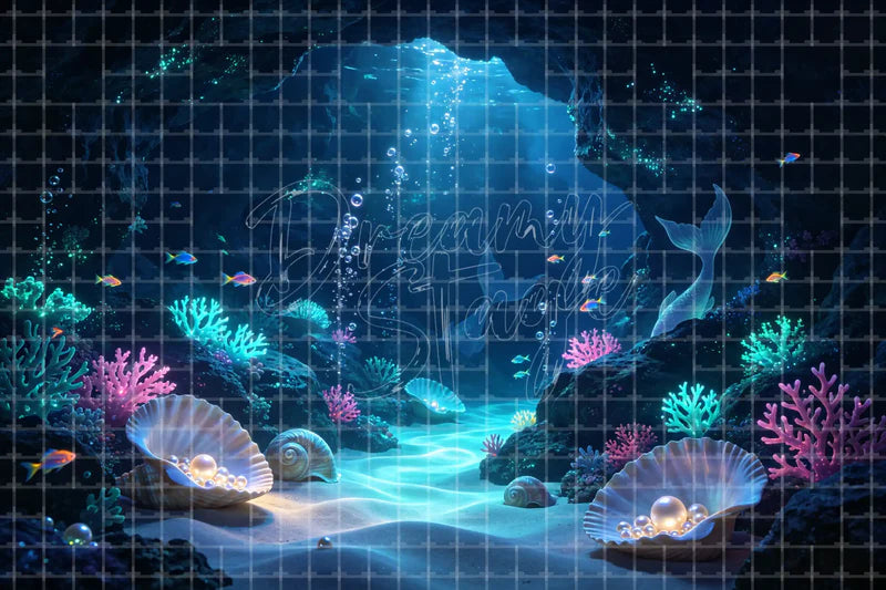 Blue Underwater Cave digital backdrop and photo booth background for Mermaid Photo Booth Ocean Event Decor and Fantasy Stage Scene, ideal for event decor, local printing, projector screens, LED displays, and themed stage backgrounds.