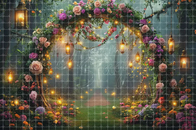 Enchanted Garden Arch Lights digital backdrop for Wedding Photo Booth Romantic Event Decor and Fairy Tale Stage, perfect as a photo booth background, event decor backdrop, local print backdrop, projection screen, or stage background.