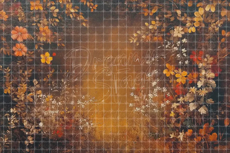 Dark Autumn Floral digital backdrop and photo booth background for Fall Photo Booth Wedding Event Decor and Moody Stage Background, ideal for event decor, local printing, projector screens, LED displays, and themed stage backgrounds.
