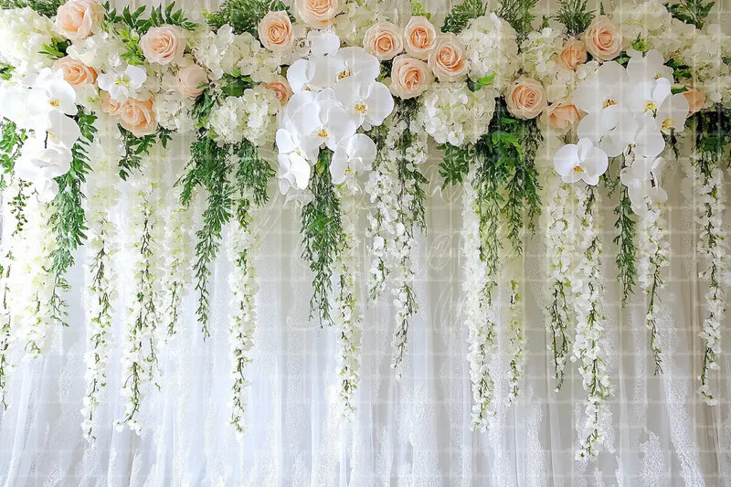 White Floral Curtain digital backdrop and photo booth background for Wedding Ceremony Photo Booth Event Decor and Bridal Stage Background, ideal for event decor, local printing, projector screens, LED displays, and themed stage backgrounds.