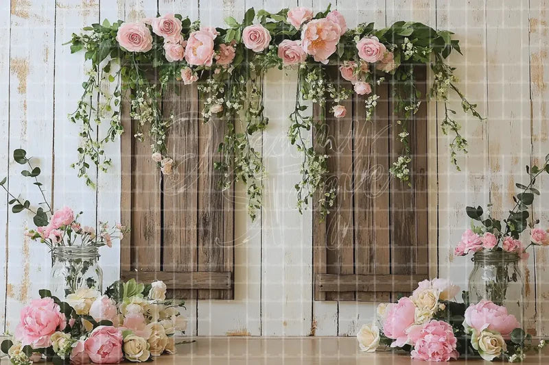 Rustic Floral Door digital backdrop and photo booth background for Wedding Photo Booth Garden Event Decor and Farmhouse Background, ideal for event decor, local printing, projector screens, LED displays, and themed stage backgrounds.