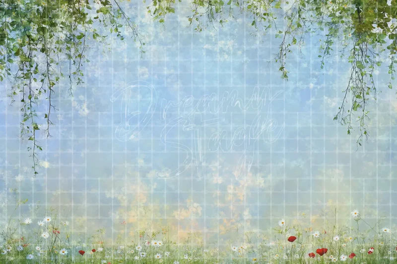 Blue Spring Meadow Flower digital backdrop and photo booth background for Garden Photo Booth Easter Event Decor and Fresh Background, ideal for event decor, local printing, projector screens, LED displays, and themed stage backgrounds.