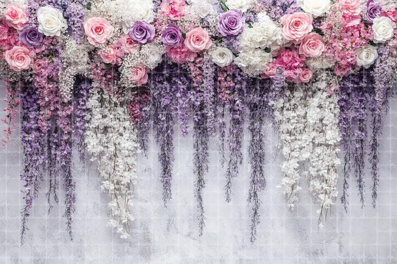 Hanging Wisteria Floral digital backdrop and photo booth background for Wedding Photo Booth Garden Event Decor and Stage Background, ideal for event decor, local printing, projector screens, LED displays, and themed stage backgrounds.