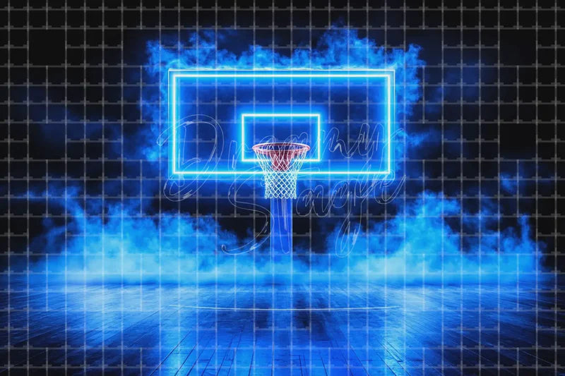 Blue Basketball Hoop Smoke digital backdrop and photo booth background for Sports Photo Booth Team Event and Stage Performance Background, ideal for event decor, local printing, projector screens, LED displays, and themed stage backgrounds.