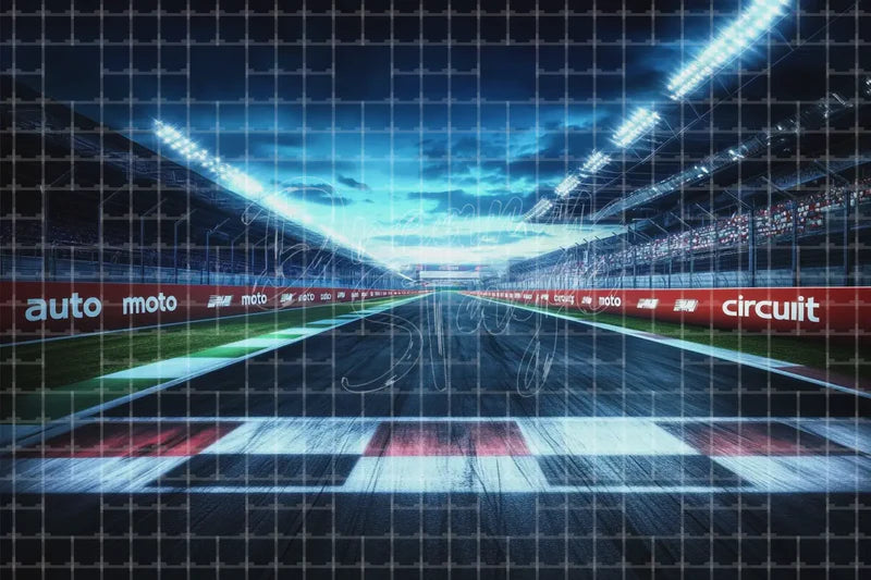 Race Car Track Night digital backdrop and photo booth background for Sports Photo Booth Racing Event Decor and Stage Background, ideal for event decor, local printing, projector screens, LED displays, and themed stage backgrounds.