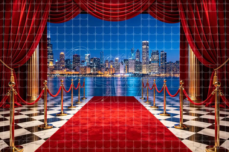 Red Carpet City Curtain digital backdrop and photo booth background for Awards Photo Booth Gala Event Decor and Stage Entrance, ideal for event decor, local printing, projector screens, LED displays, and themed stage backgrounds.